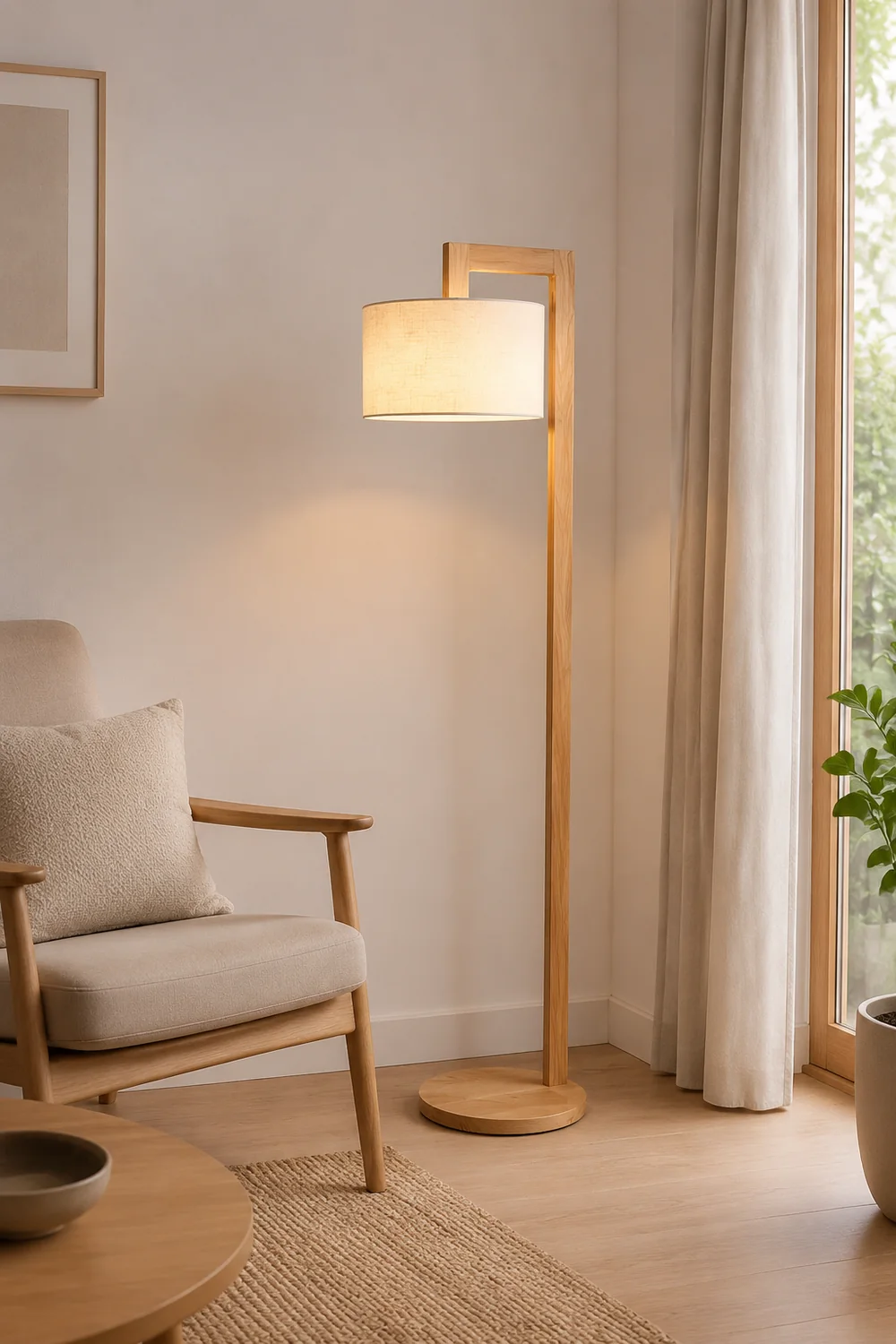 Ozawa Japanese Right Angle Arm Floor Lamp, Beige, Wood/Fabric - Lumpaz