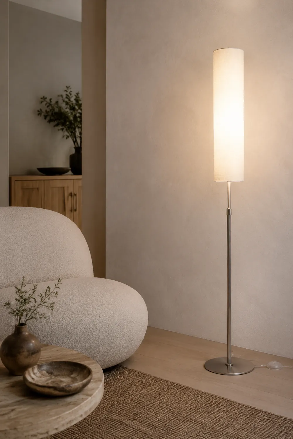 Eryn Minimalist Metal and Fabric Cylindrical White Floor Lamp - Lumpaz