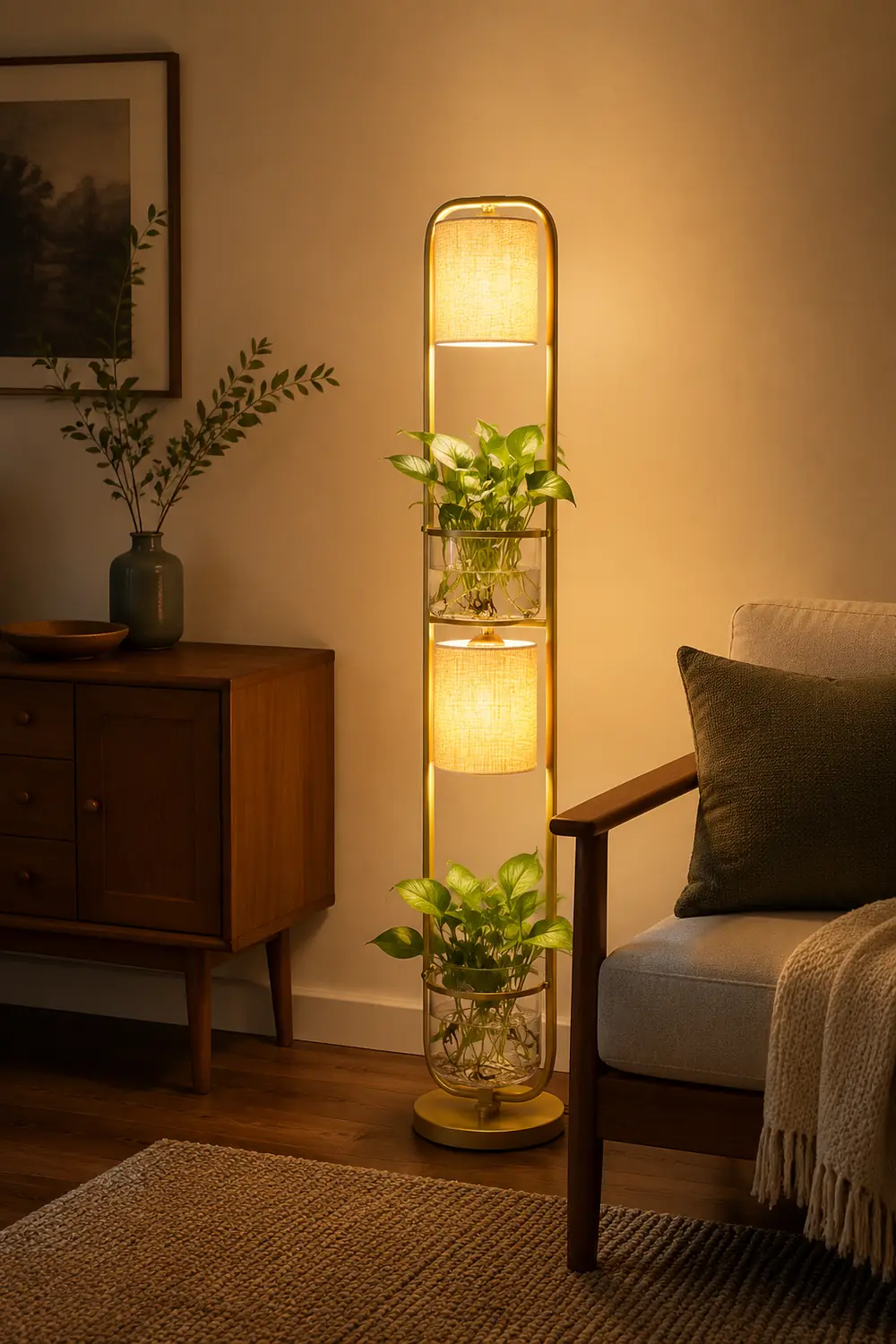 Eryn Simple Cylinder 2-Light Heads Floor Lamp with Planters, Black/White/Gold - Lumpaz