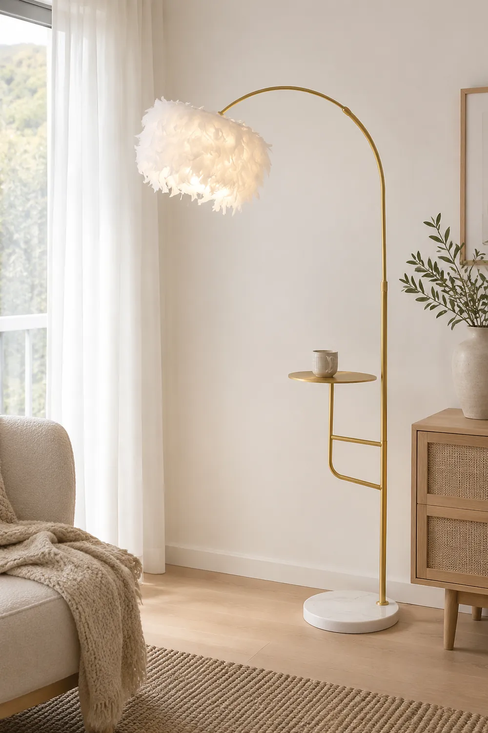 O'Moore Elegant Arc Metal Feather Floor Lamp With Table - Lumpaz
