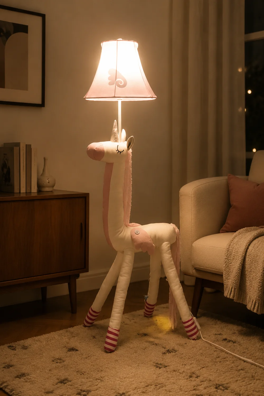 Minori Pink Plush Unicorn Animal Floor Lamp, Metal - Lumpaz