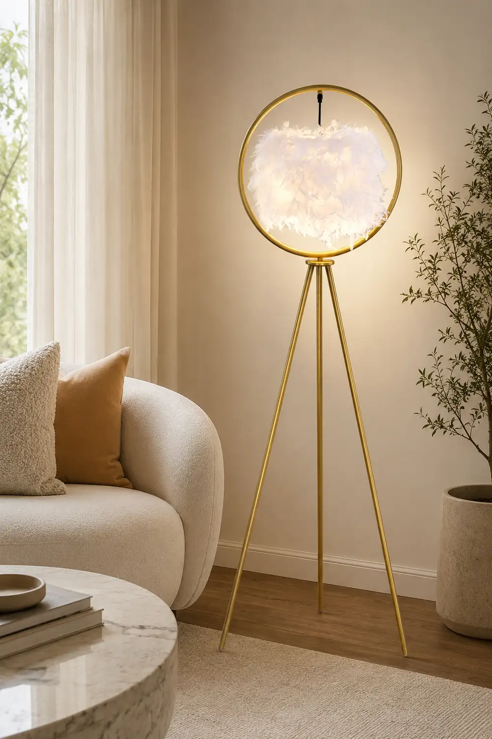O'Moore Elegant Feather Ring Tripod Floor Lamp, Black/Gold - Lumpaz