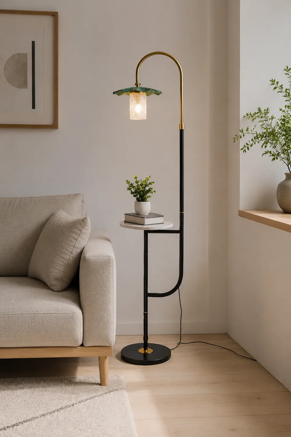Carins Retro Lotus Metal Acrylic Floor Lamp, Gold/Green/Light - Lumpaz