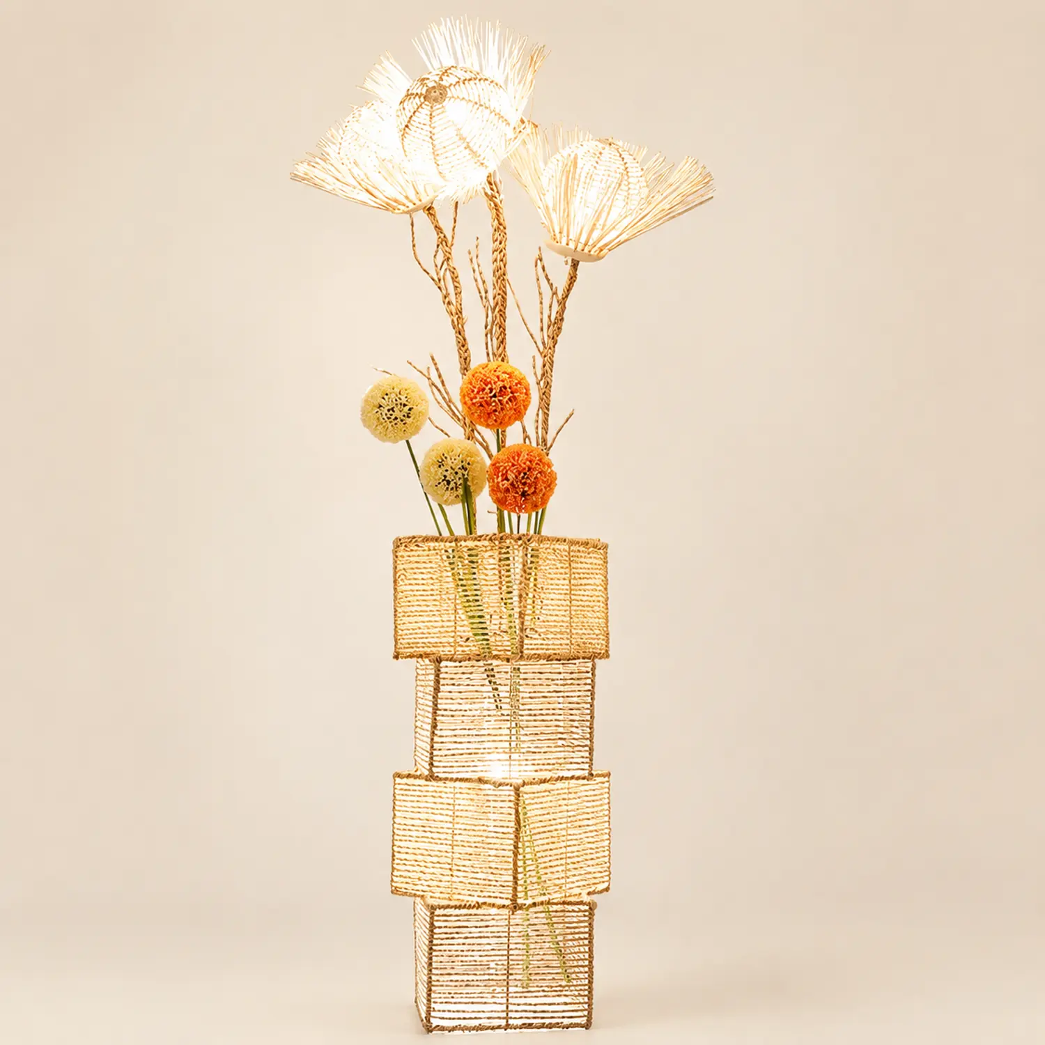 Ritta Retro Vase Wood Rattan Floor Lamp, White/Brown - Lumpaz