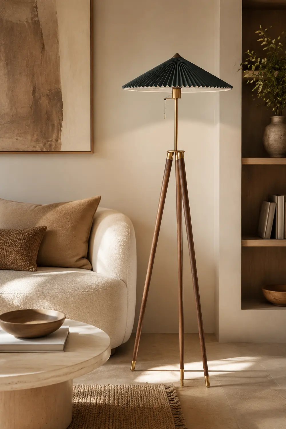 Ozawa Modern Pleated Tripod Wood Fabric Floor Lamp - Lumpaz