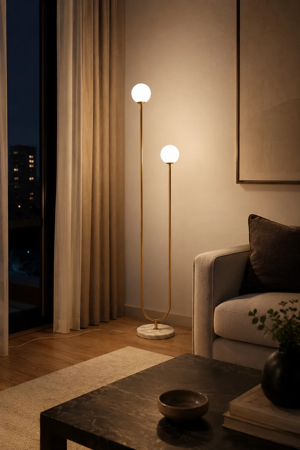 Valentina Modern U-shaped Metal/Glass Floor Lamp, Gold - Lumpaz