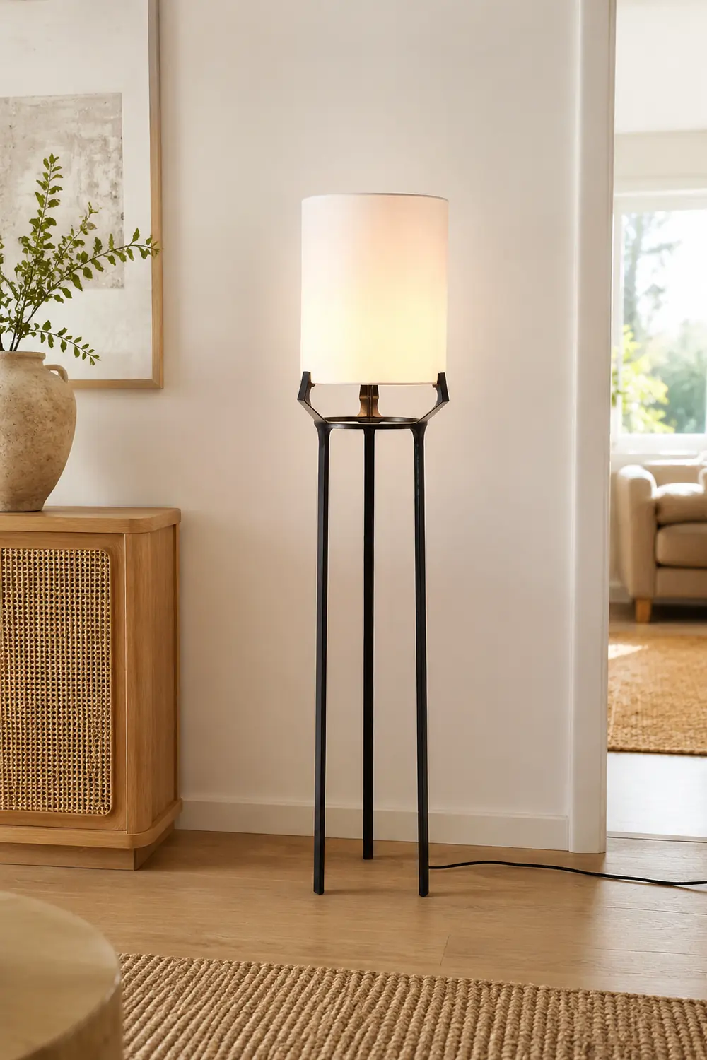 Eryn Contemporary Tripod Metal Fabric Floor Lamp, White - Lumpaz