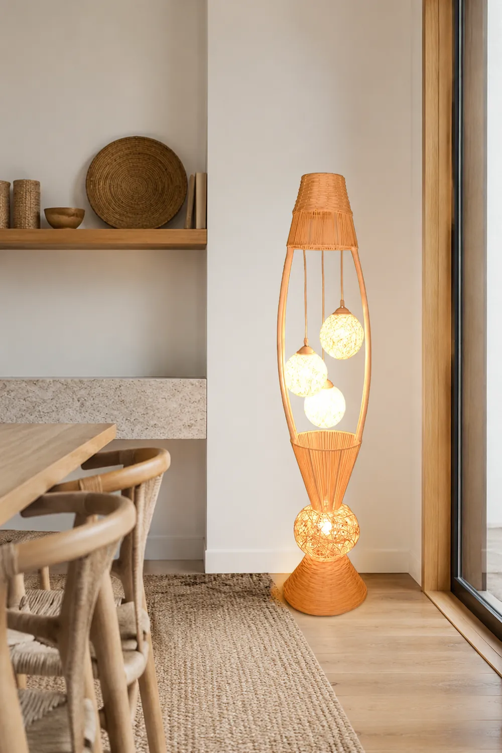 Muto Retro Fish Basket Multi Head Bamboo Floor Lamp - Lumpaz