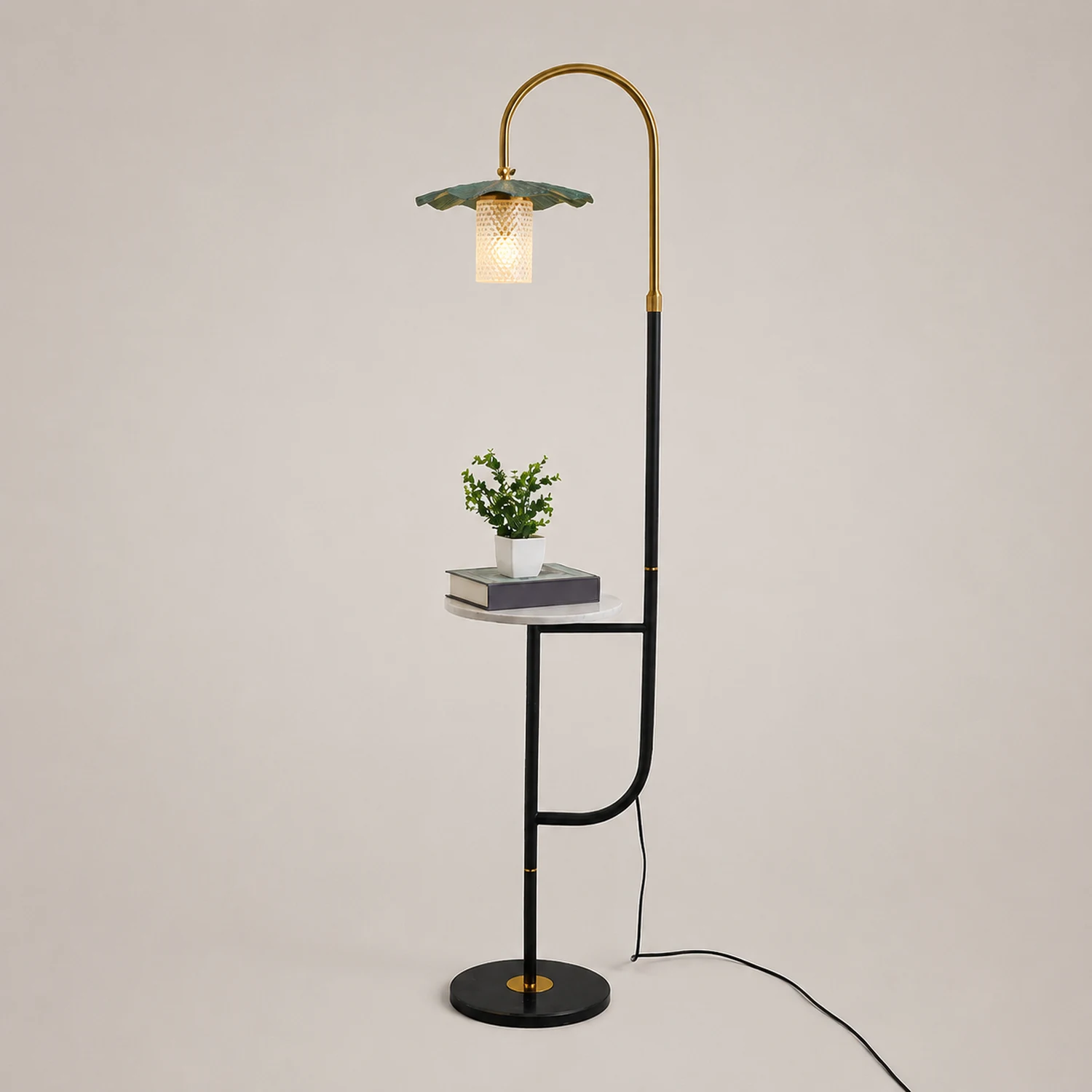 Carins Retro Lotus Metal Acrylic Floor Lamp, Gold/Green/Light - Lumpaz