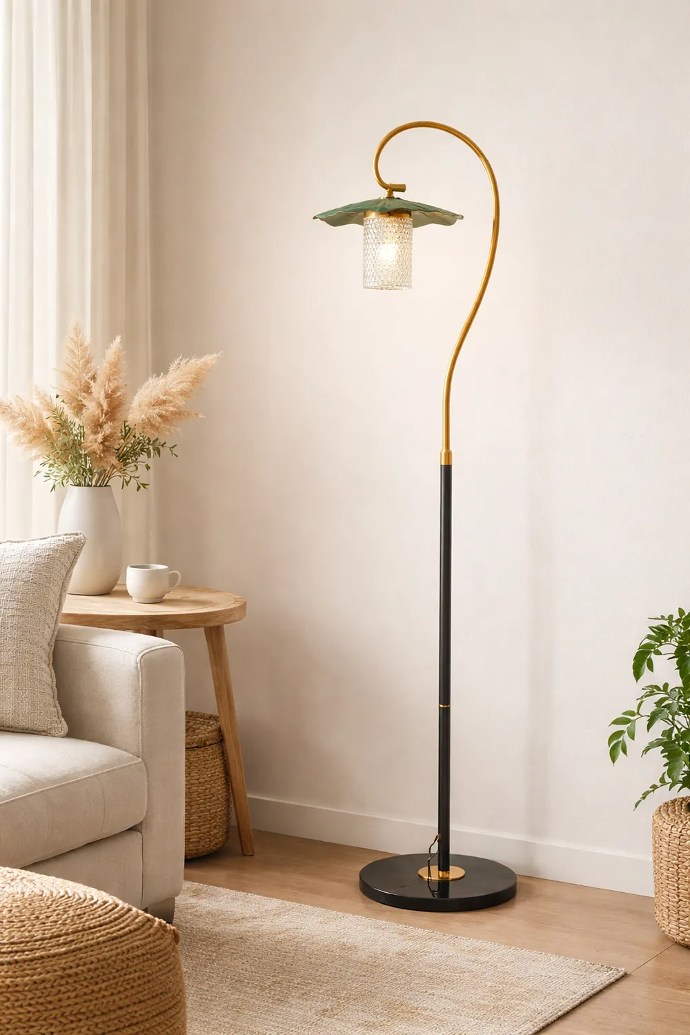 Carins Retro Lotus Metal Acrylic Floor Lamp, Gold/Green/Light - Lumpaz