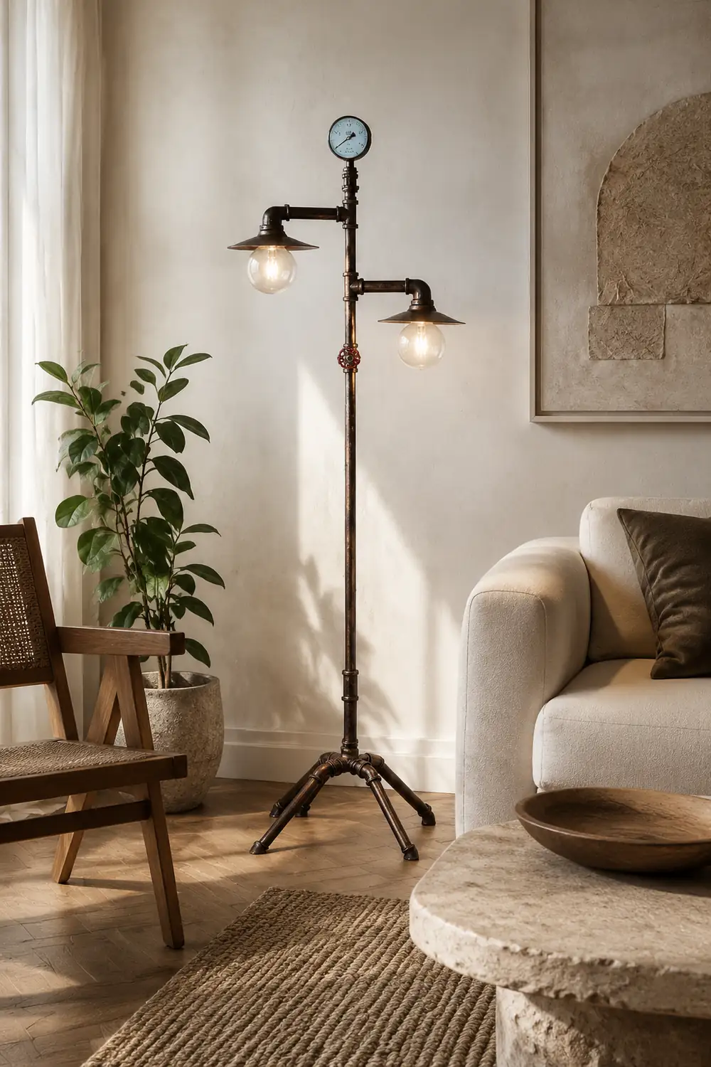 Alessio Retro Multi Head Antique Piped Metal Floor Lamp, Bronze - Lumpaz