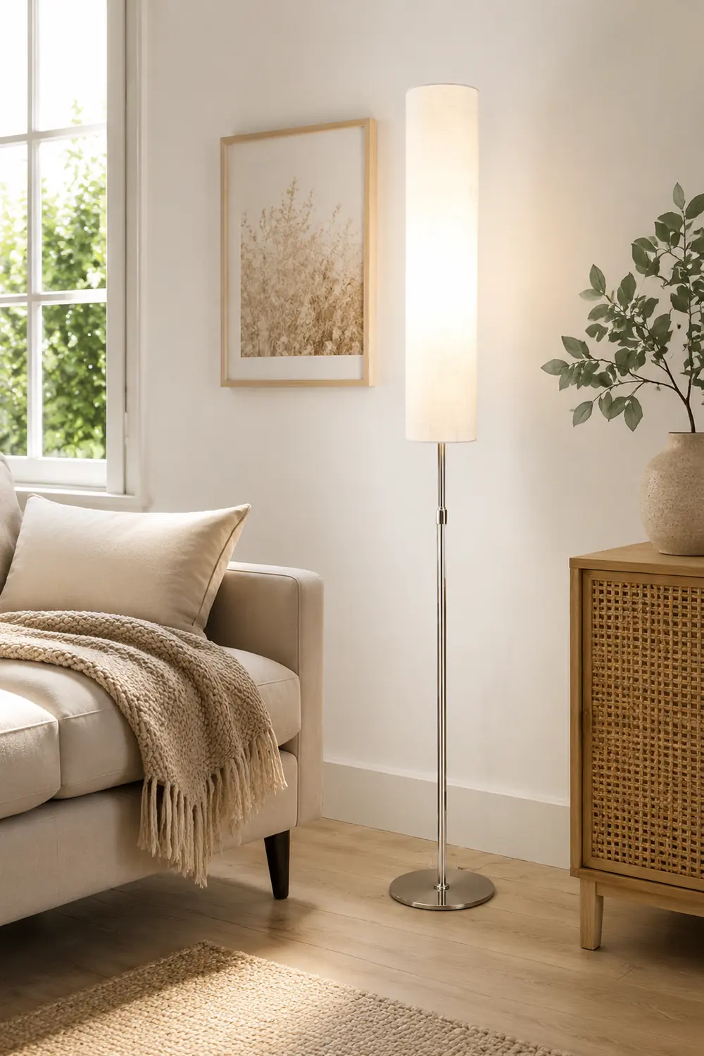 Eryn Minimalist Metal and Fabric Cylindrical White Floor Lamp - Lumpaz