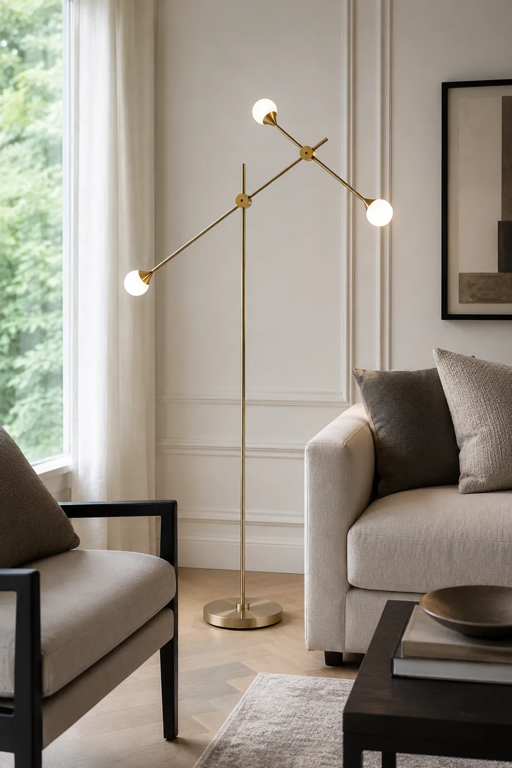 Valentina Gold Orb Swing Arm Floor Lamp, Living room - Lumpaz
