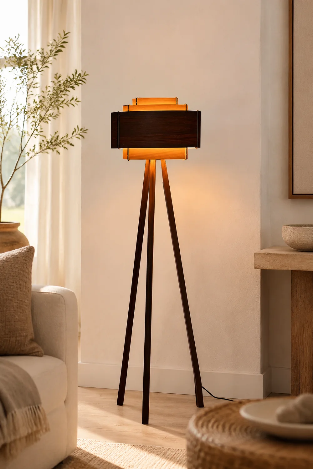 Ozawa Modern Cylinder Tripod Wood Floor Lamp, Brown - Lumpaz