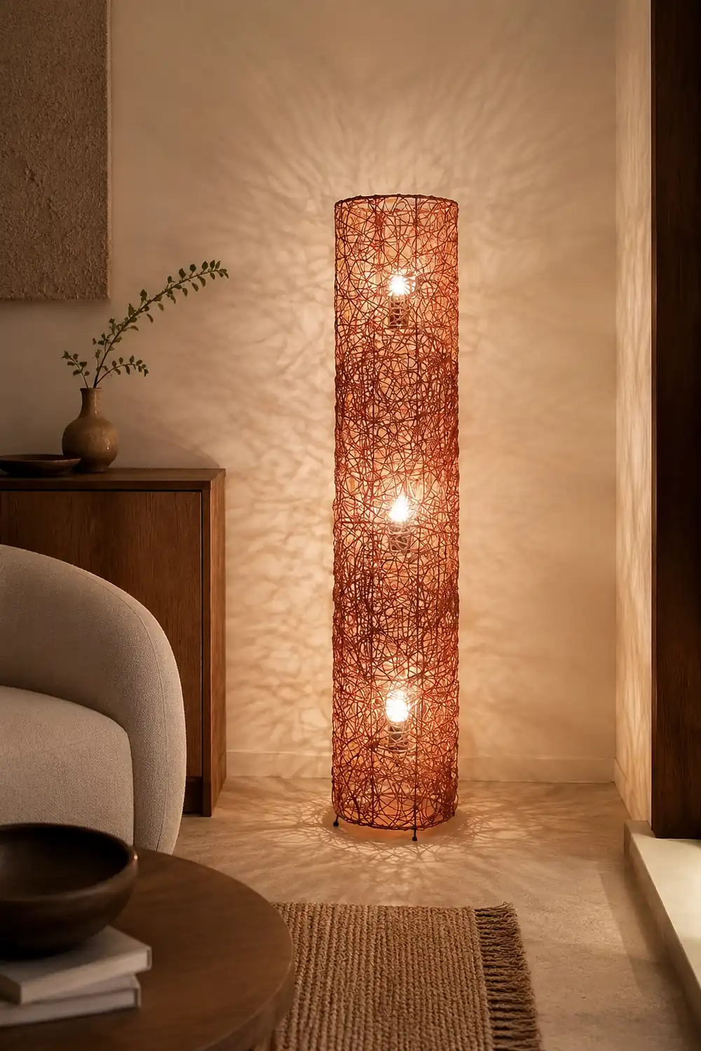 Ritta Retro Vase Wood Rattan Floor Lamp, White/Brown - Lumpaz