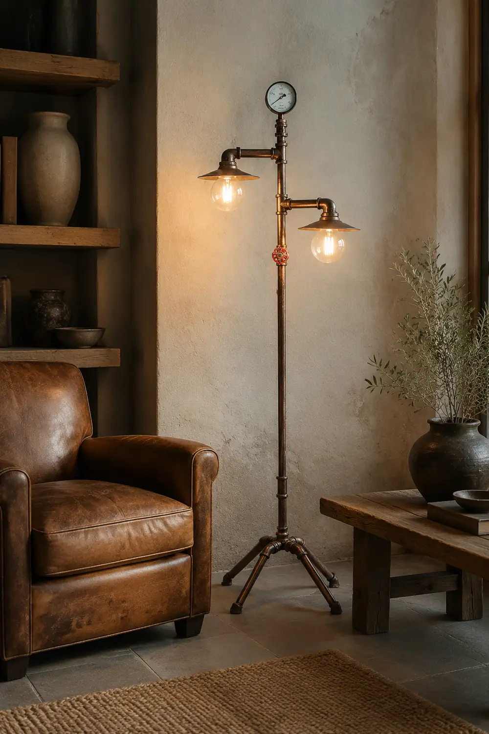 Alessio Retro Multi Head Antique Piped Metal Floor Lamp, Bronze - Lumpaz