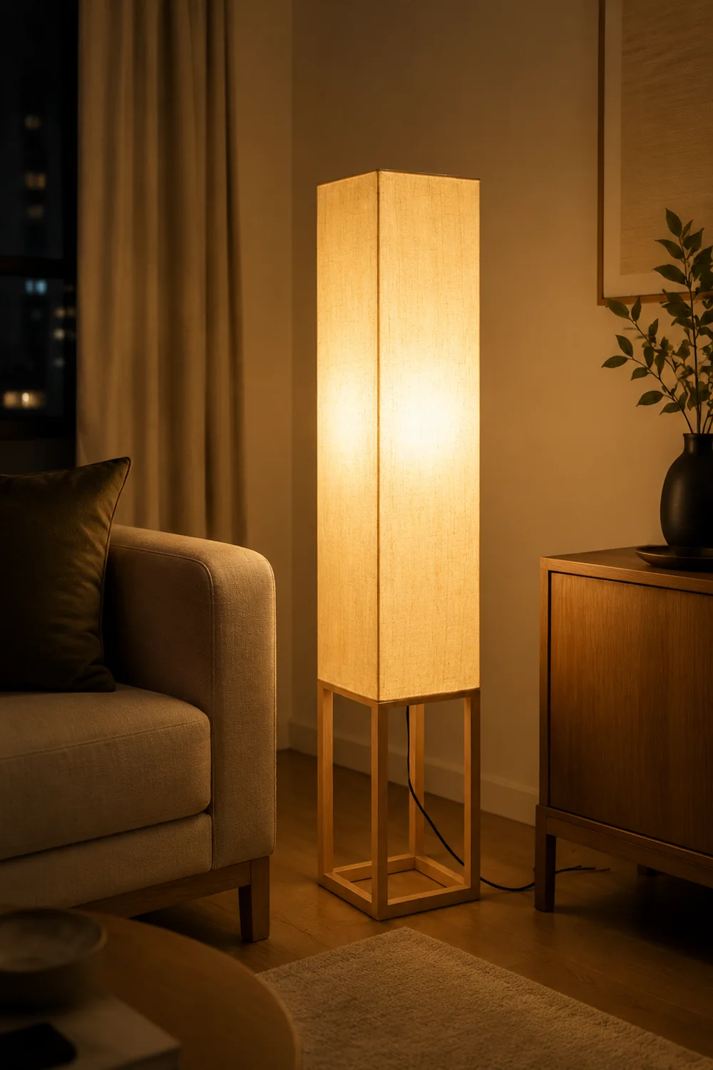 Ozawa Retro Rectangular Floor Lamp, Wood & Fabric, Bedroom - Lumpaz