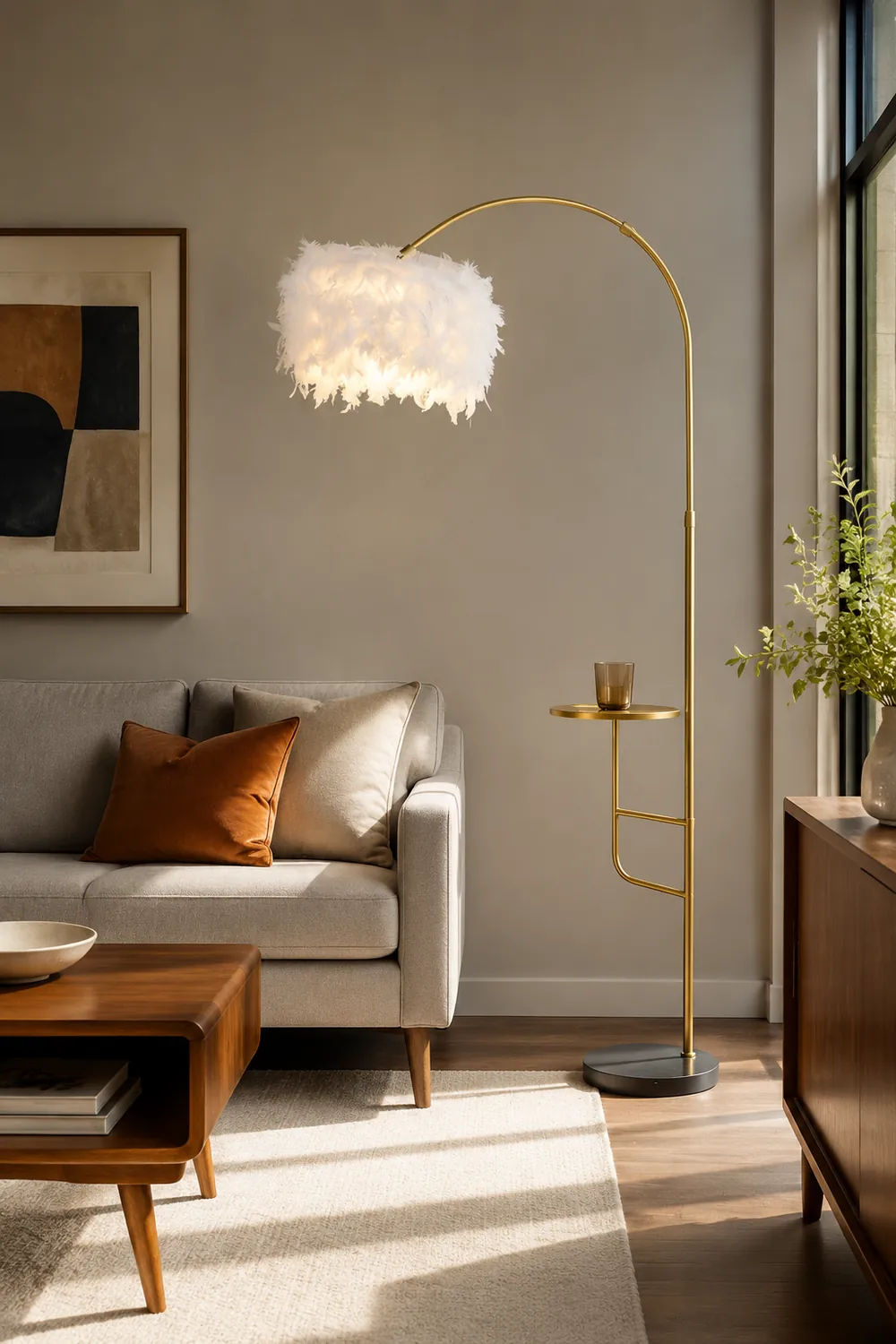 O'Moore Elegant Arc Metal Feather Floor Lamp With Table - Lumpaz