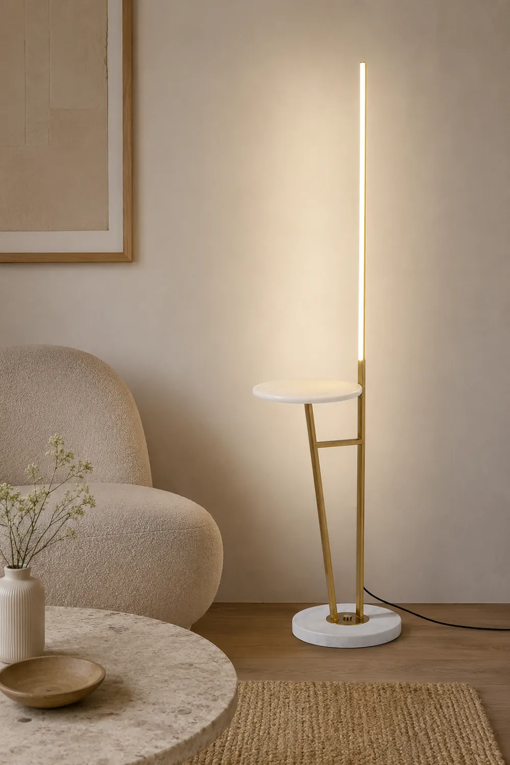 Edge Linear Floor Lamp With Table, Metal, Black/White/Gold - Lumpaz