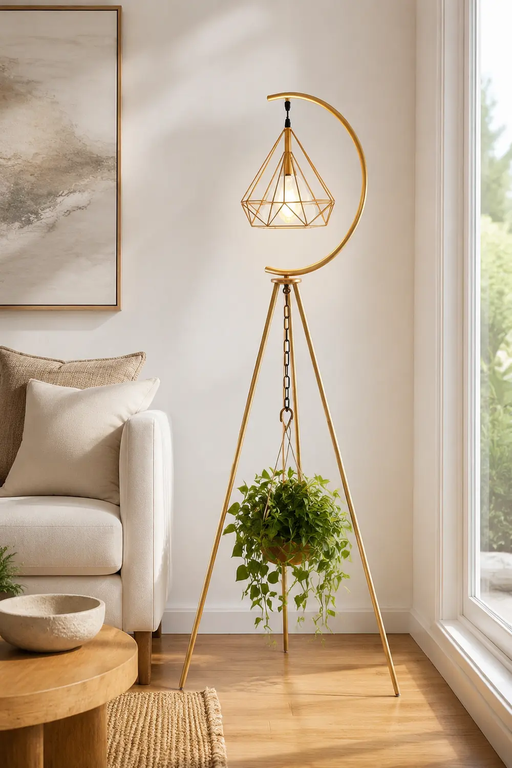 Eryn Diamond Designer Tripod Floor Lamp, Metal, Black/Gold - Lumpaz