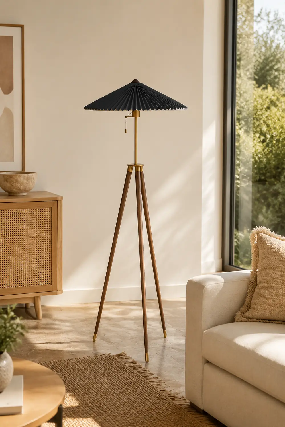 Ozawa Modern Pleated Tripod Wood Fabric Floor Lamp - Lumpaz