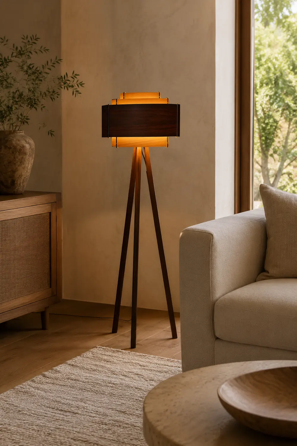 Ozawa Modern Cylinder Tripod Wood Floor Lamp, Brown - Lumpaz