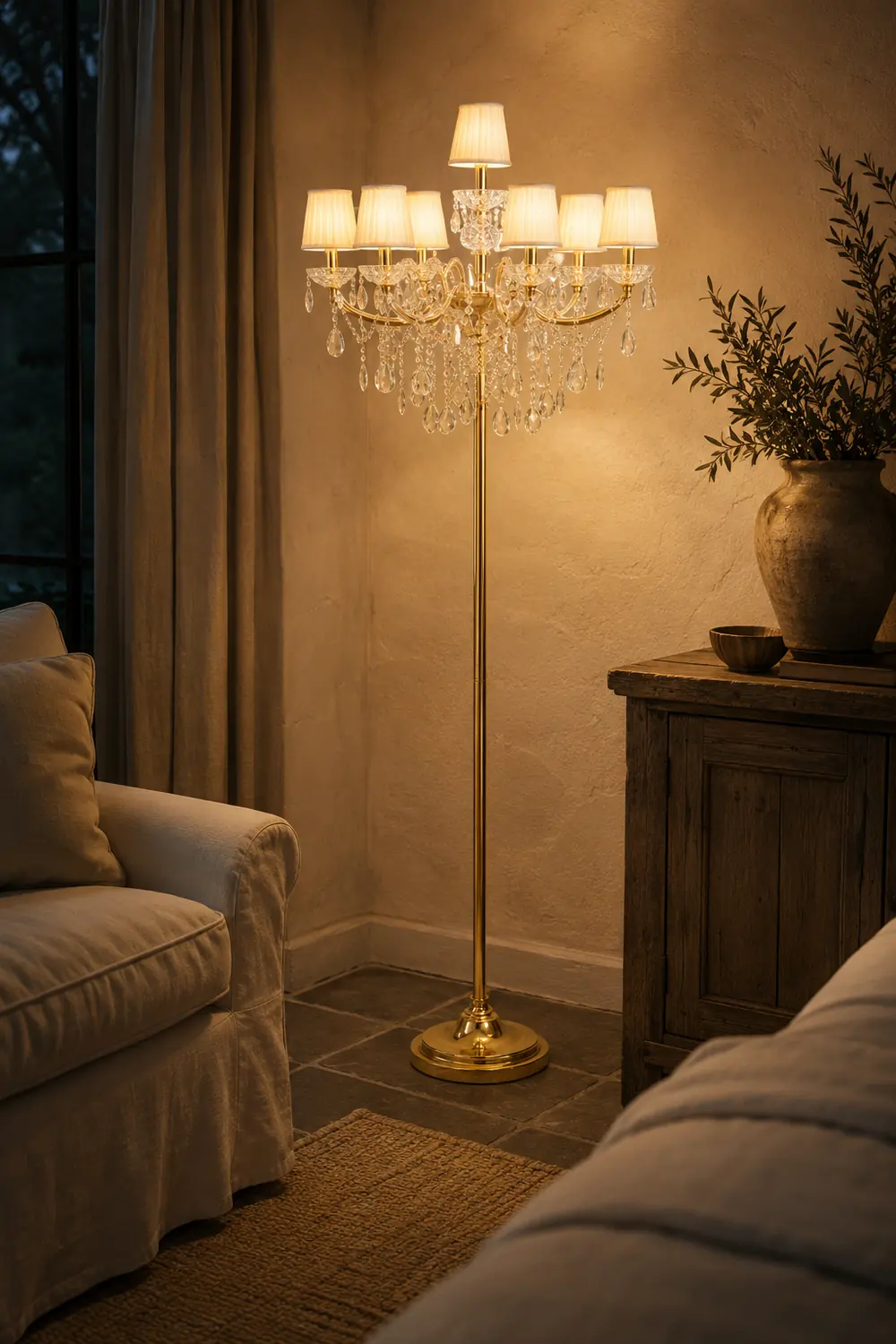 Carins Retro Crystal Multi Head Metal Fabric Floor Lamp, Gold - Lumpaz
