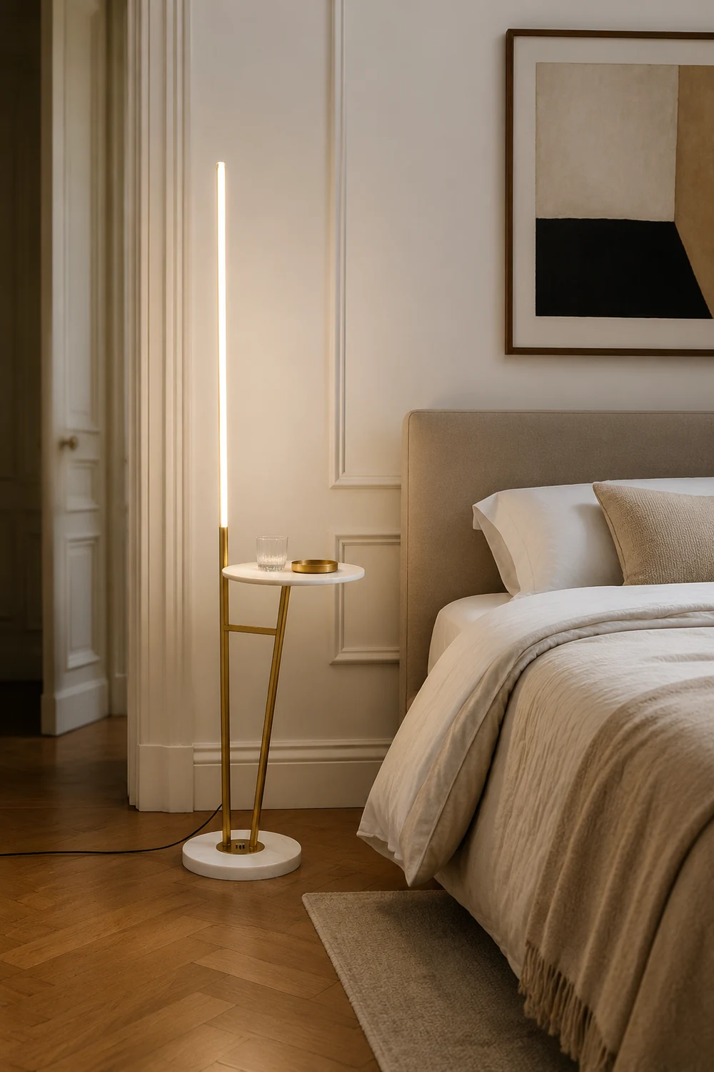 Edge Linear Floor Lamp With Table, Metal, Black/White/Gold - Lumpaz