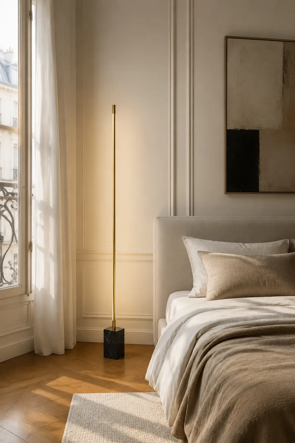 Edge Minimalist Linear Floor Lamp, Black/Gold, Metal/Marble - Lumpaz