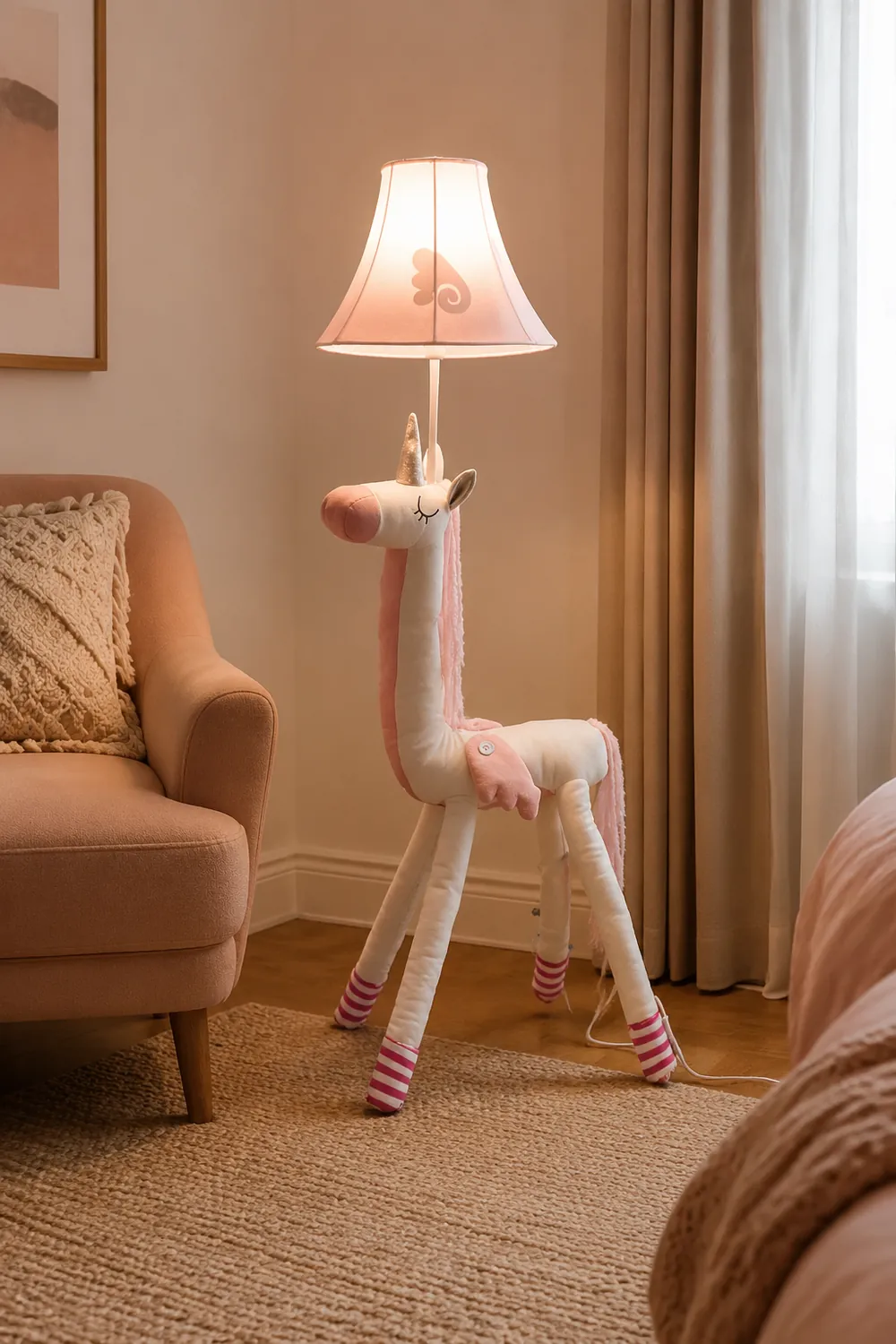 Minori Pink Plush Unicorn Animal Floor Lamp, Metal - Lumpaz