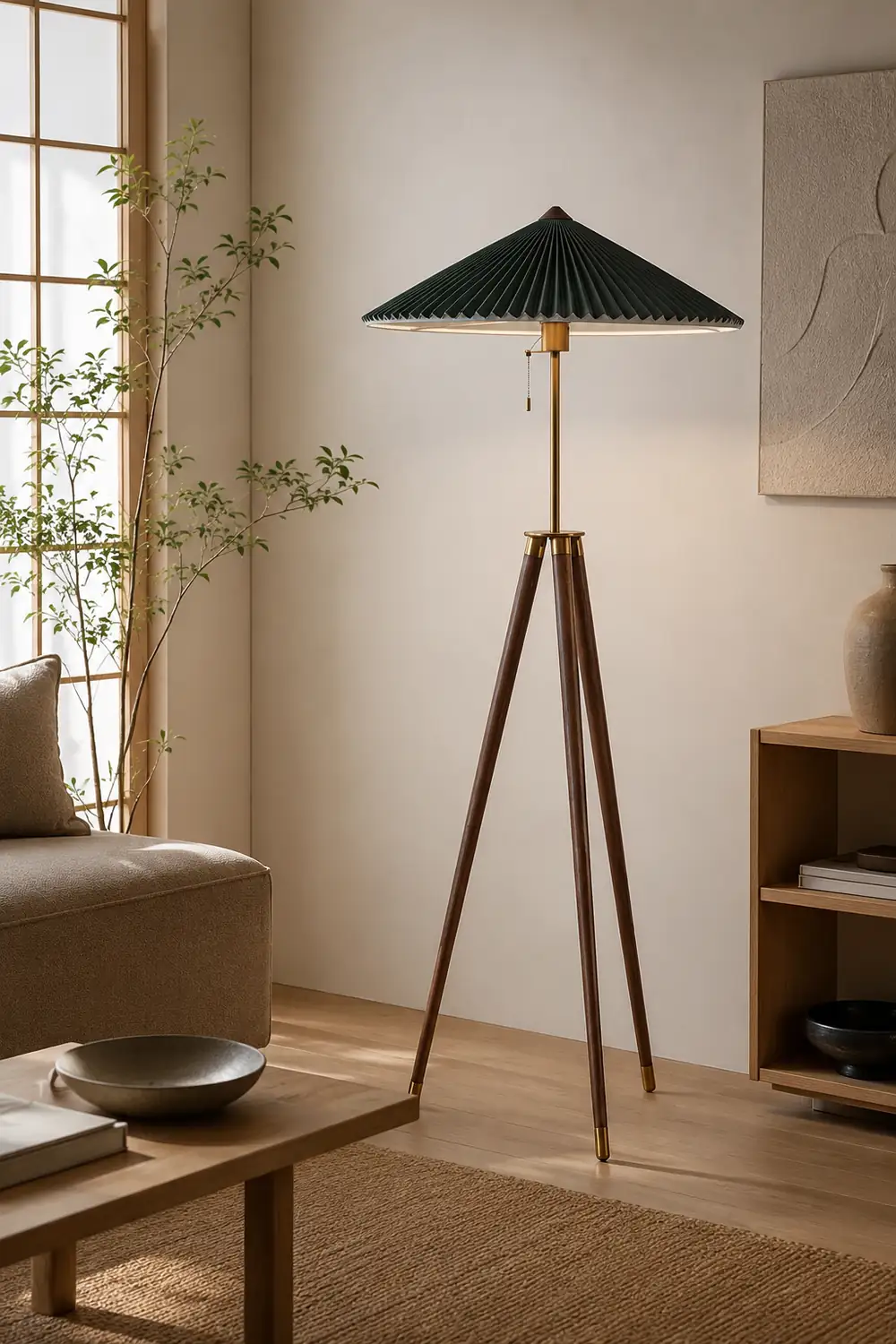 Ozawa Modern Pleated Tripod Wood Fabric Floor Lamp - Lumpaz