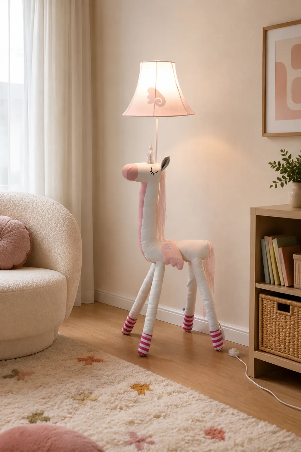 Minori Pink Plush Unicorn Animal Floor Lamp, Metal - Lumpaz