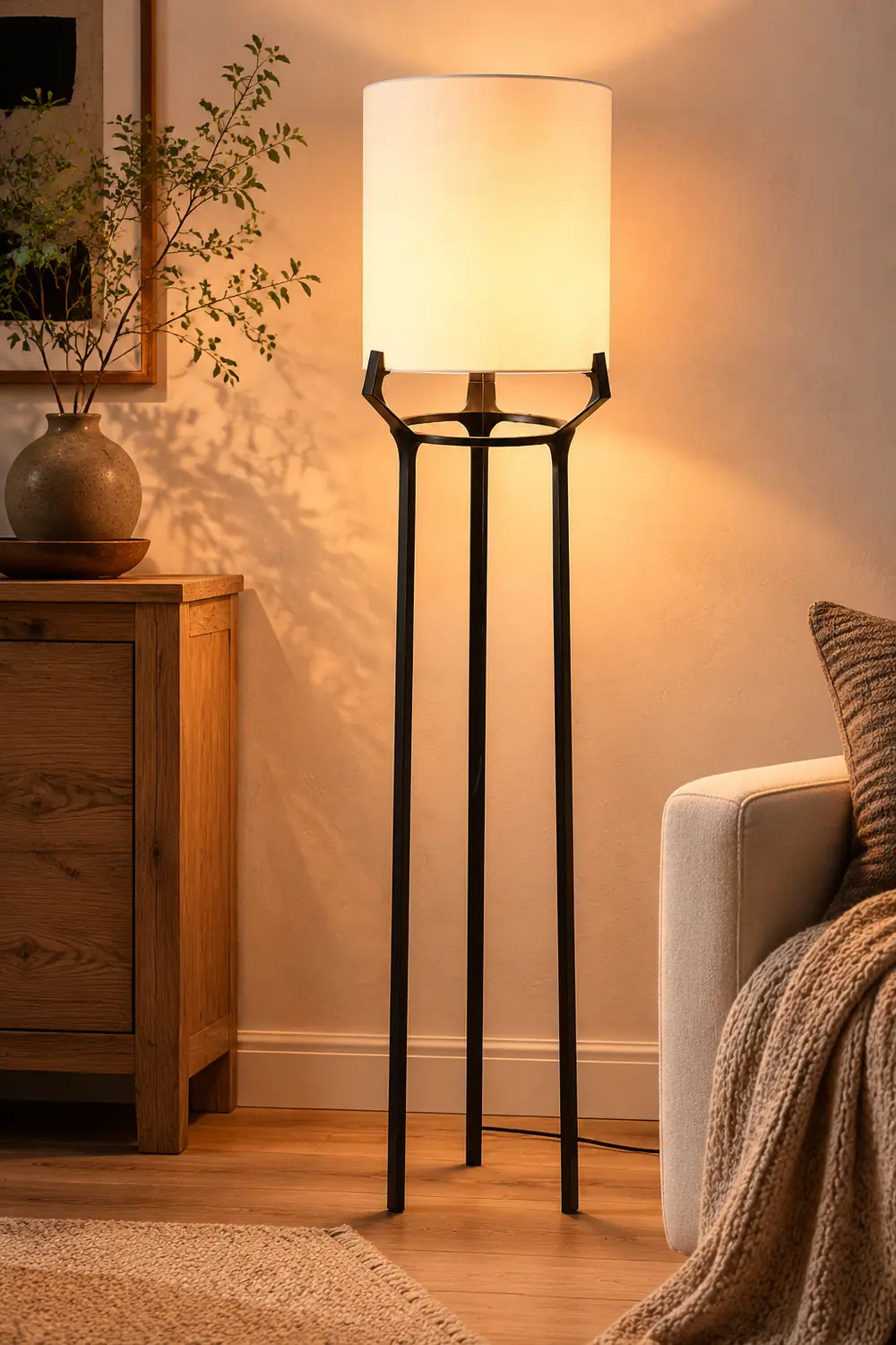 Eryn Contemporary Tripod Metal Fabric Floor Lamp, White - Lumpaz