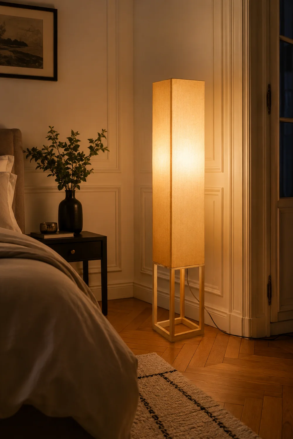Ozawa Retro Rectangular Floor Lamp, Wood & Fabric, Bedroom - Lumpaz