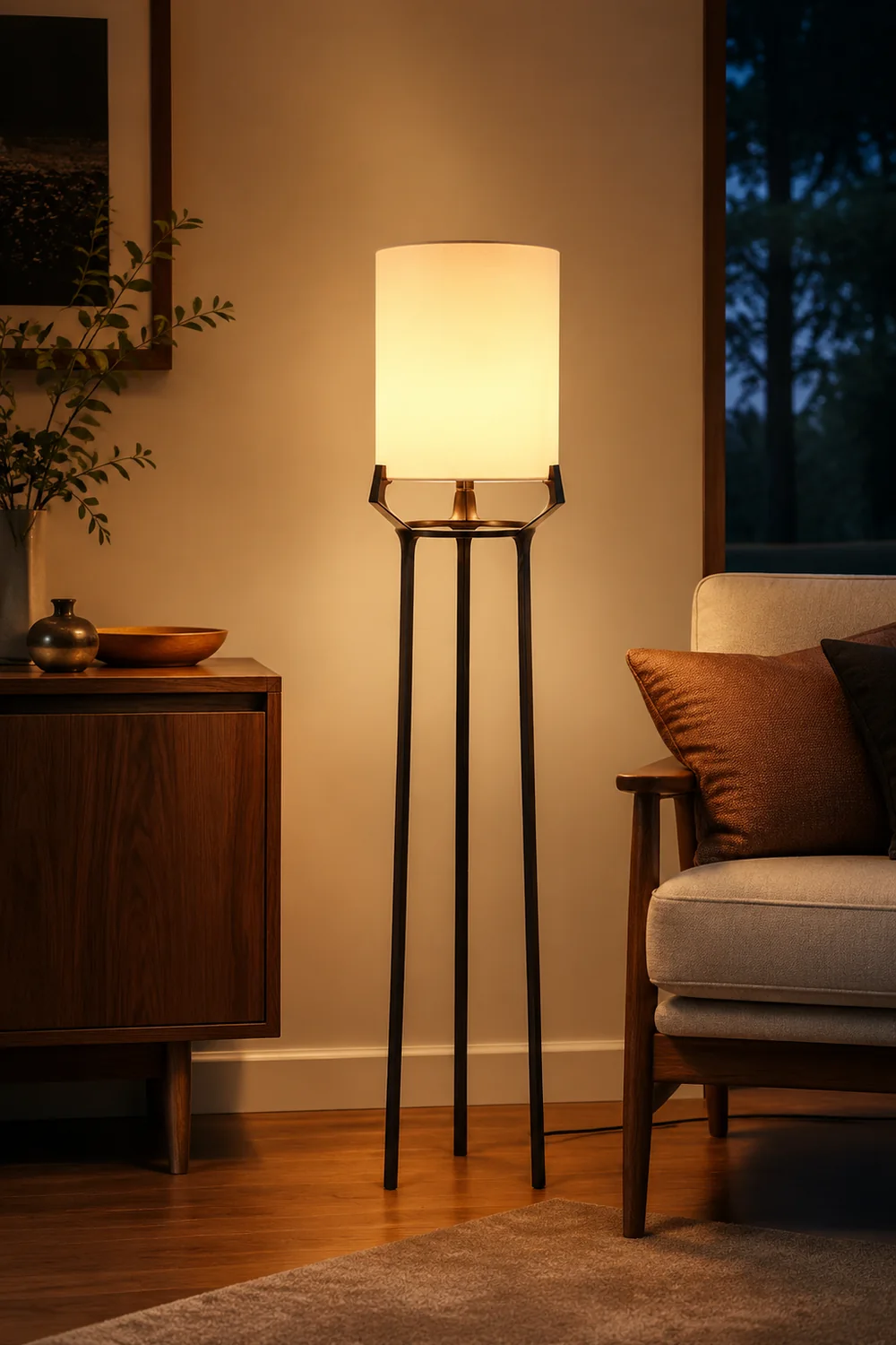 Eryn Contemporary Tripod Metal Fabric Floor Lamp, White - Lumpaz