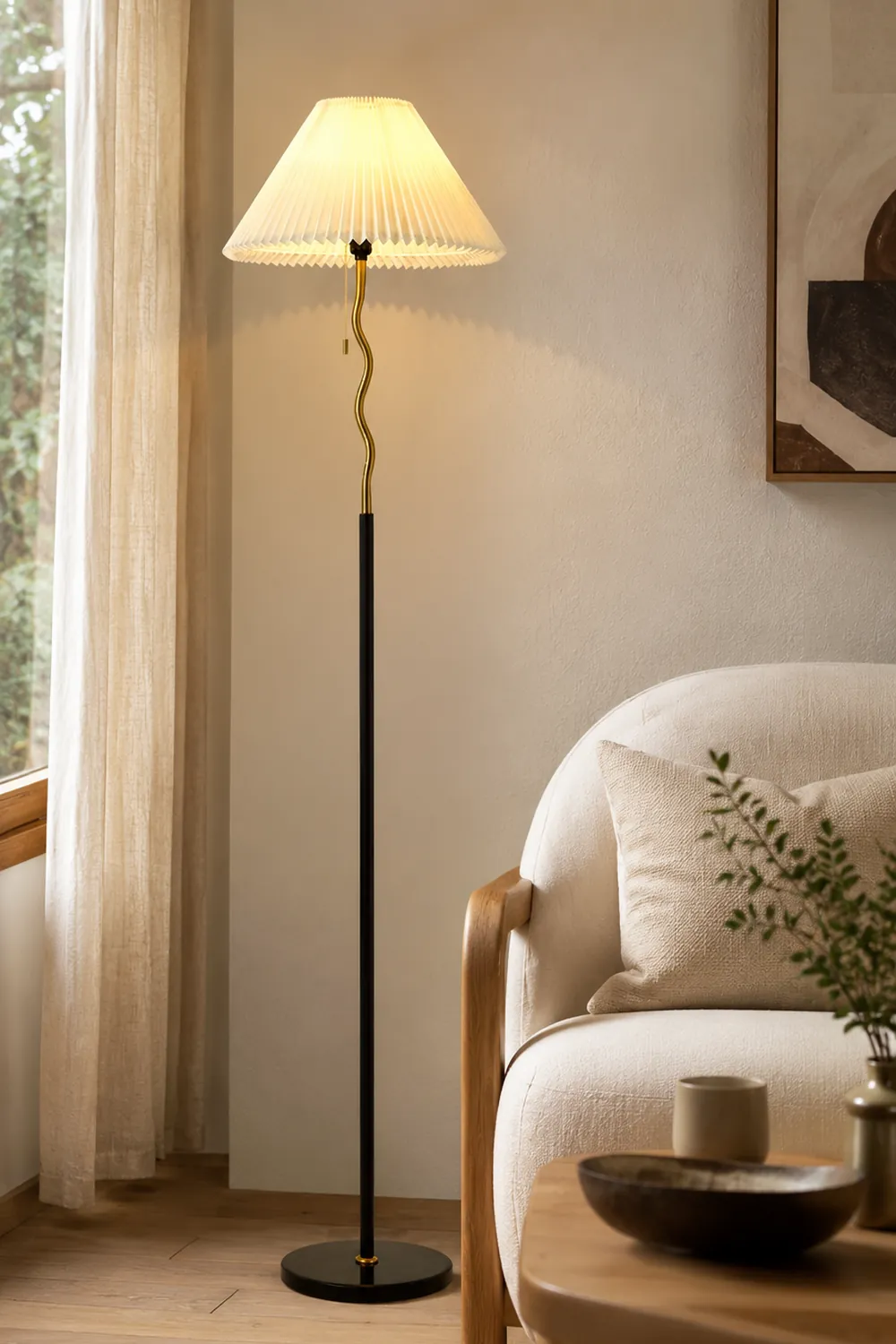 Ozawa Vintage Retro Geometric Pleated Metal Fabric Floor Lamp, Black - Lumpaz