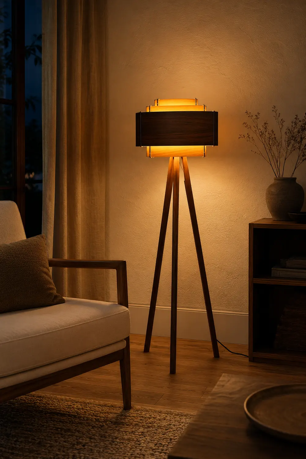 Ozawa Modern Cylinder Tripod Wood Floor Lamp, Brown - Lumpaz