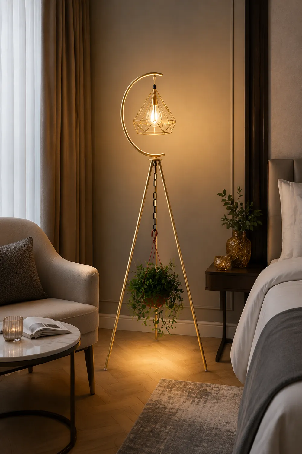 Eryn Diamond Designer Tripod Floor Lamp, Metal, Black/Gold - Lumpaz