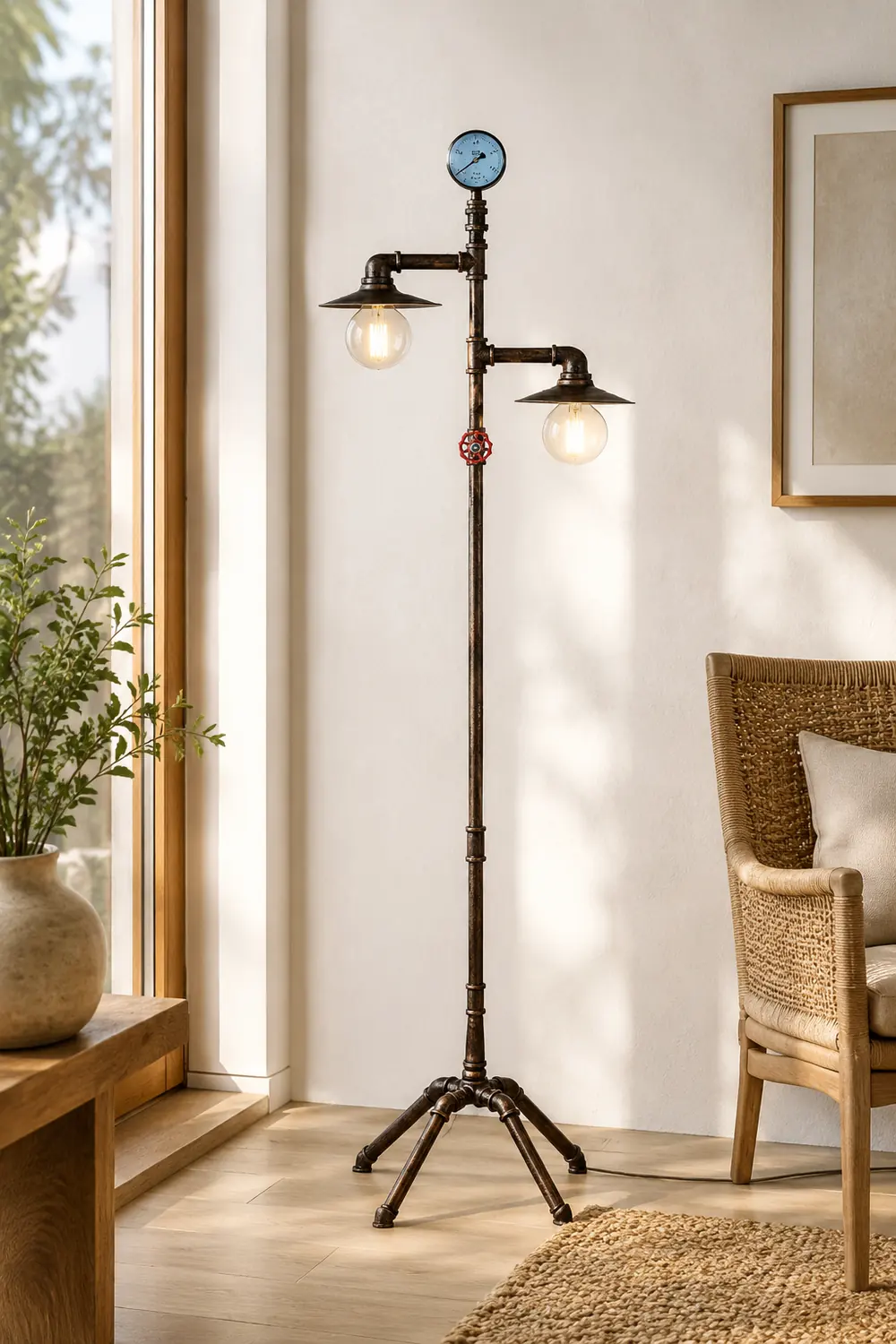 Alessio Retro Multi Head Antique Piped Metal Floor Lamp, Bronze - Lumpaz
