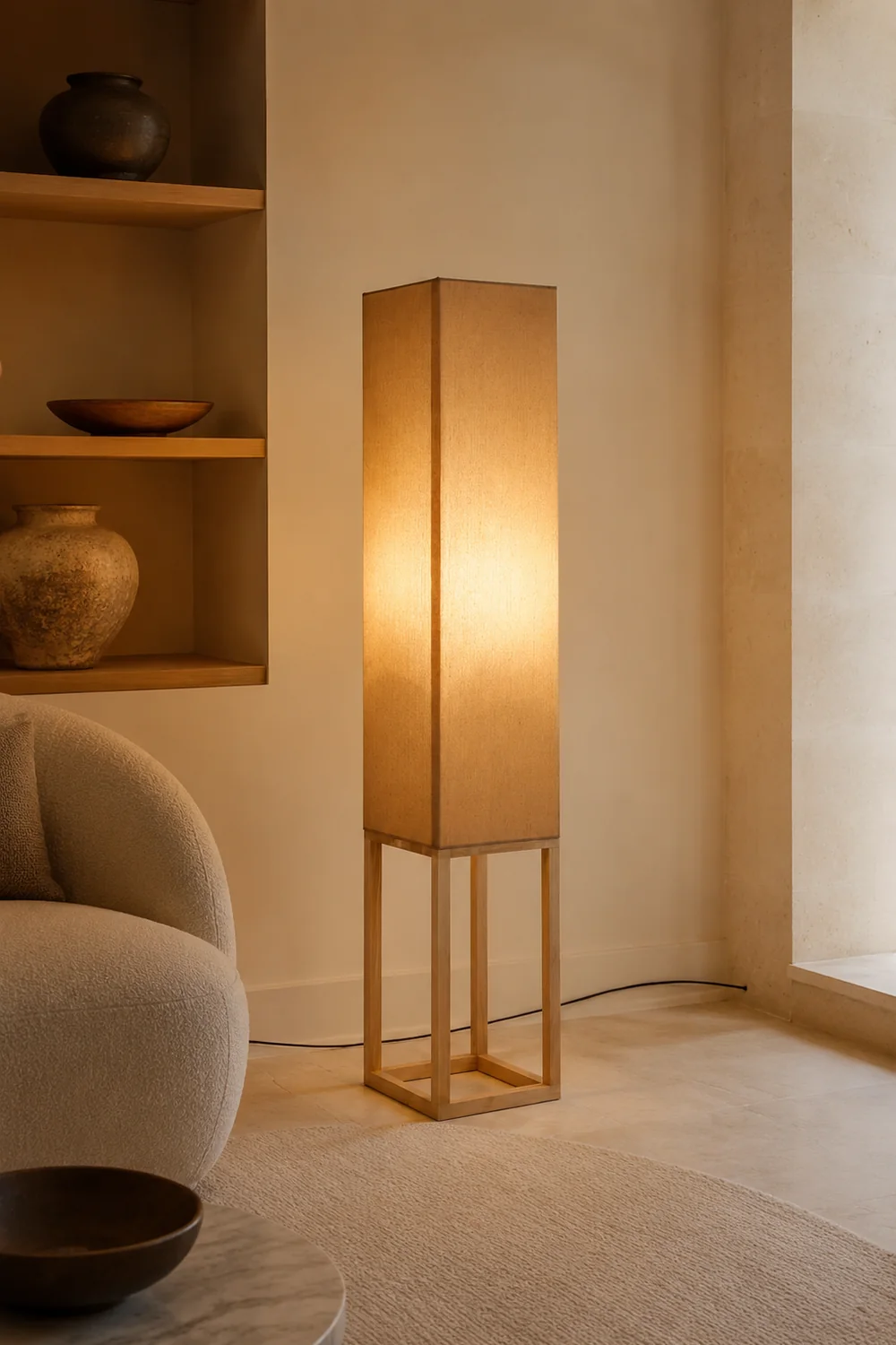 Ozawa Retro Rectangular Floor Lamp, Wood & Fabric, Bedroom - Lumpaz