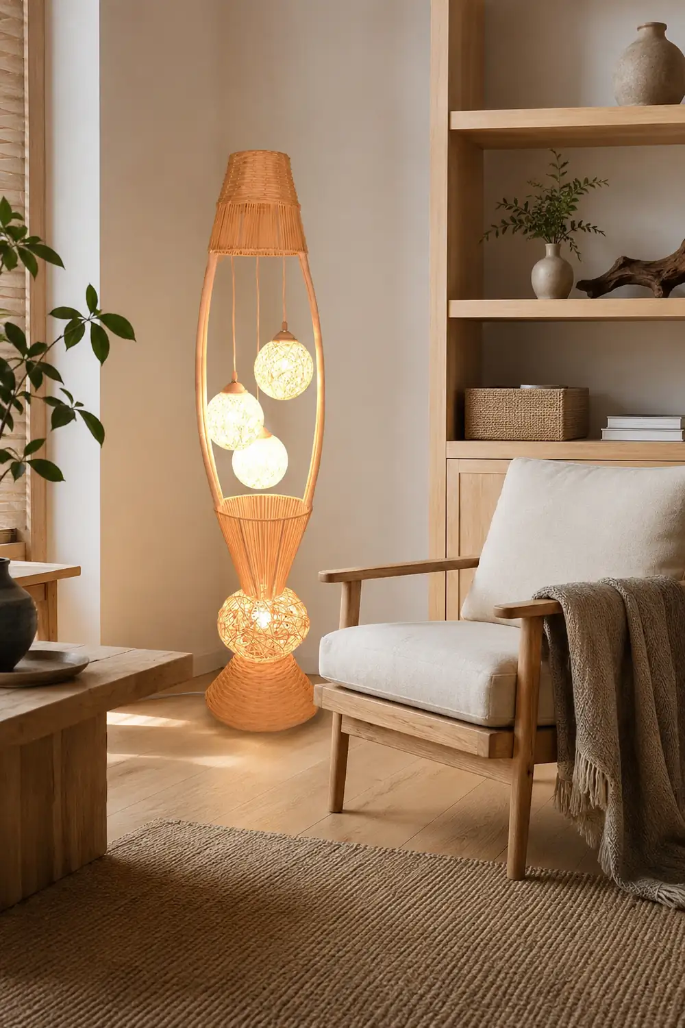 Muto Retro Fish Basket Multi Head Bamboo Floor Lamp - Lumpaz
