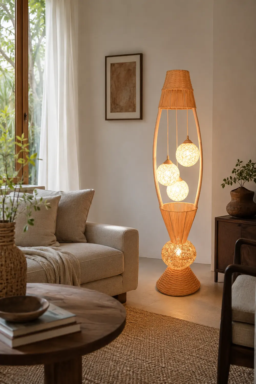 Muto Retro Fish Basket Multi Head Bamboo Floor Lamp - Lumpaz