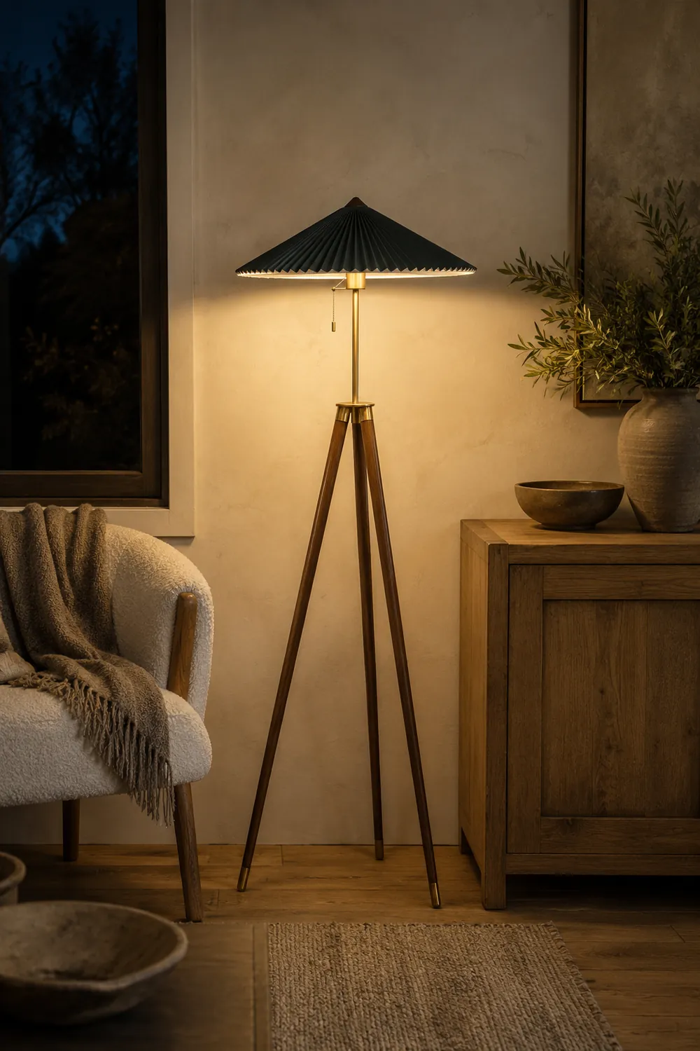 Ozawa Modern Pleated Tripod Wood Fabric Floor Lamp - Lumpaz