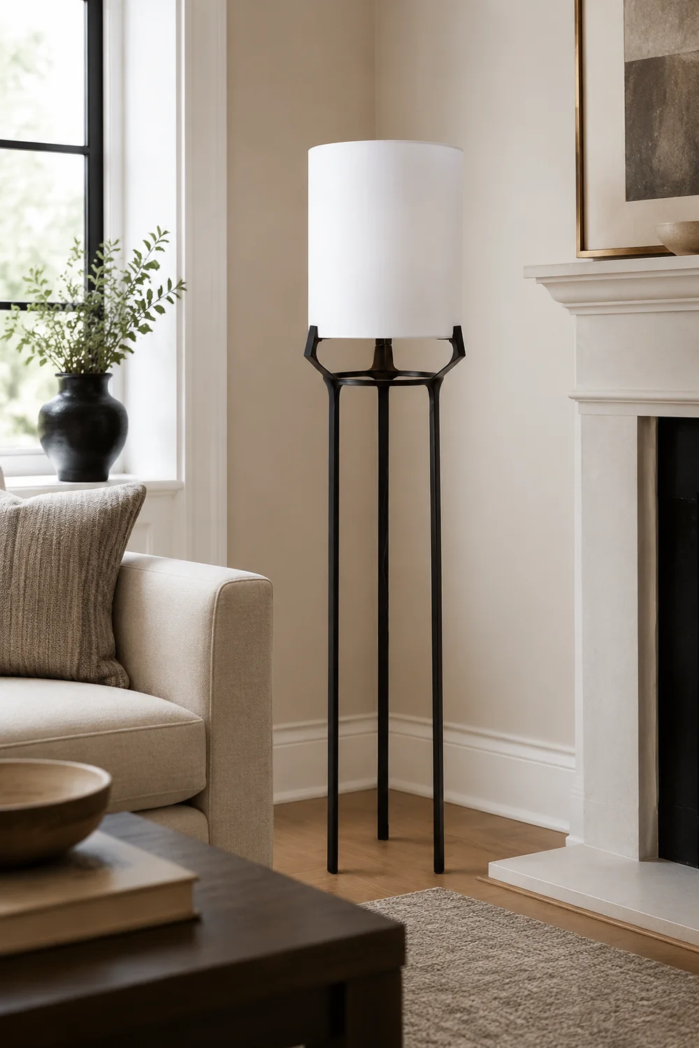 Eryn Contemporary Tripod Metal Fabric Floor Lamp, White - Lumpaz