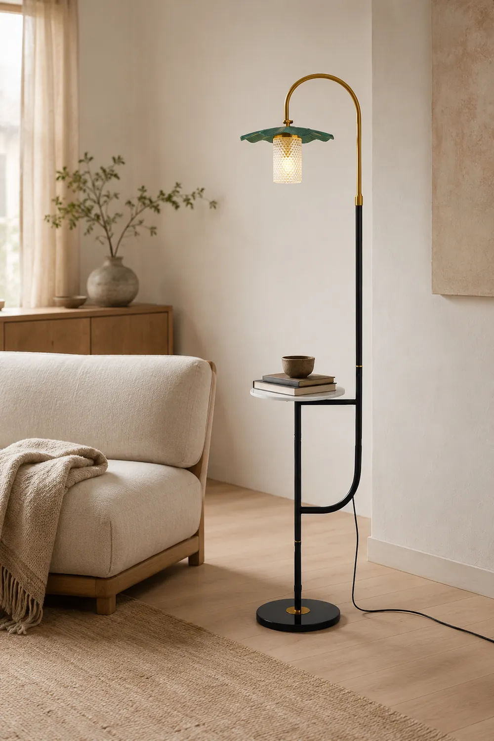 Carins Retro Lotus Metal Acrylic Floor Lamp, Gold/Green/Light - Lumpaz