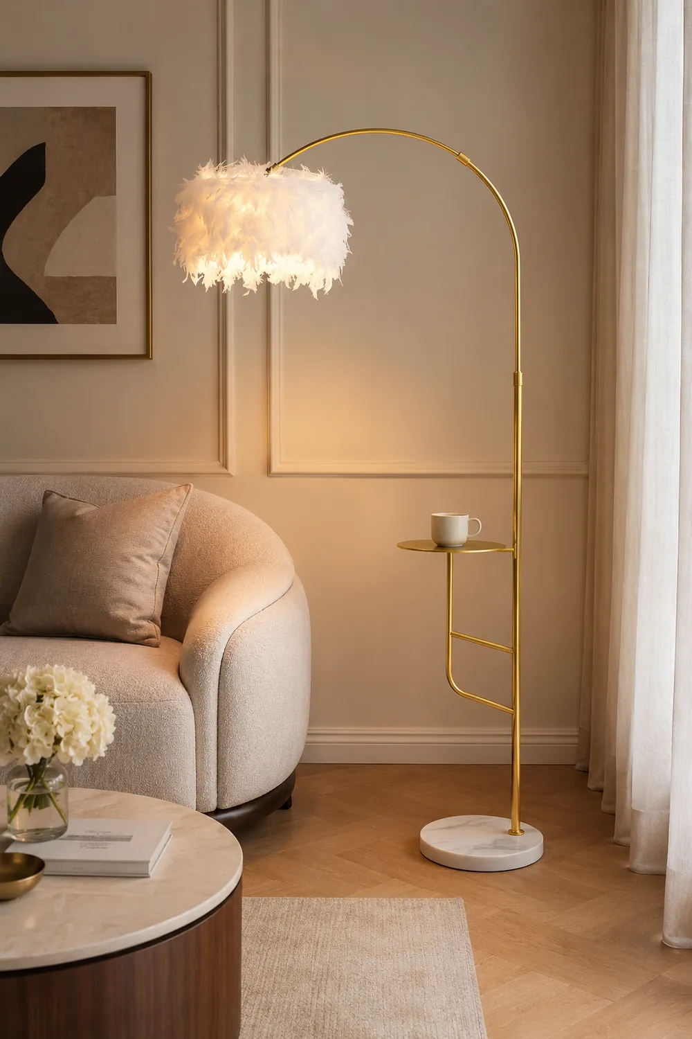O'Moore Elegant Arc Metal Feather Floor Lamp With Table - Lumpaz