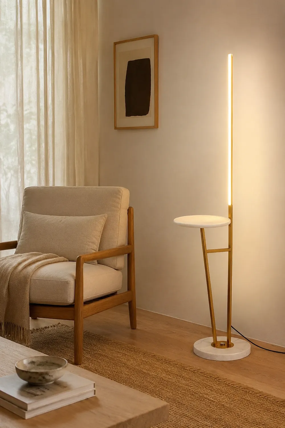 Edge Linear Floor Lamp With Table, Metal, Black/White/Gold - Lumpaz