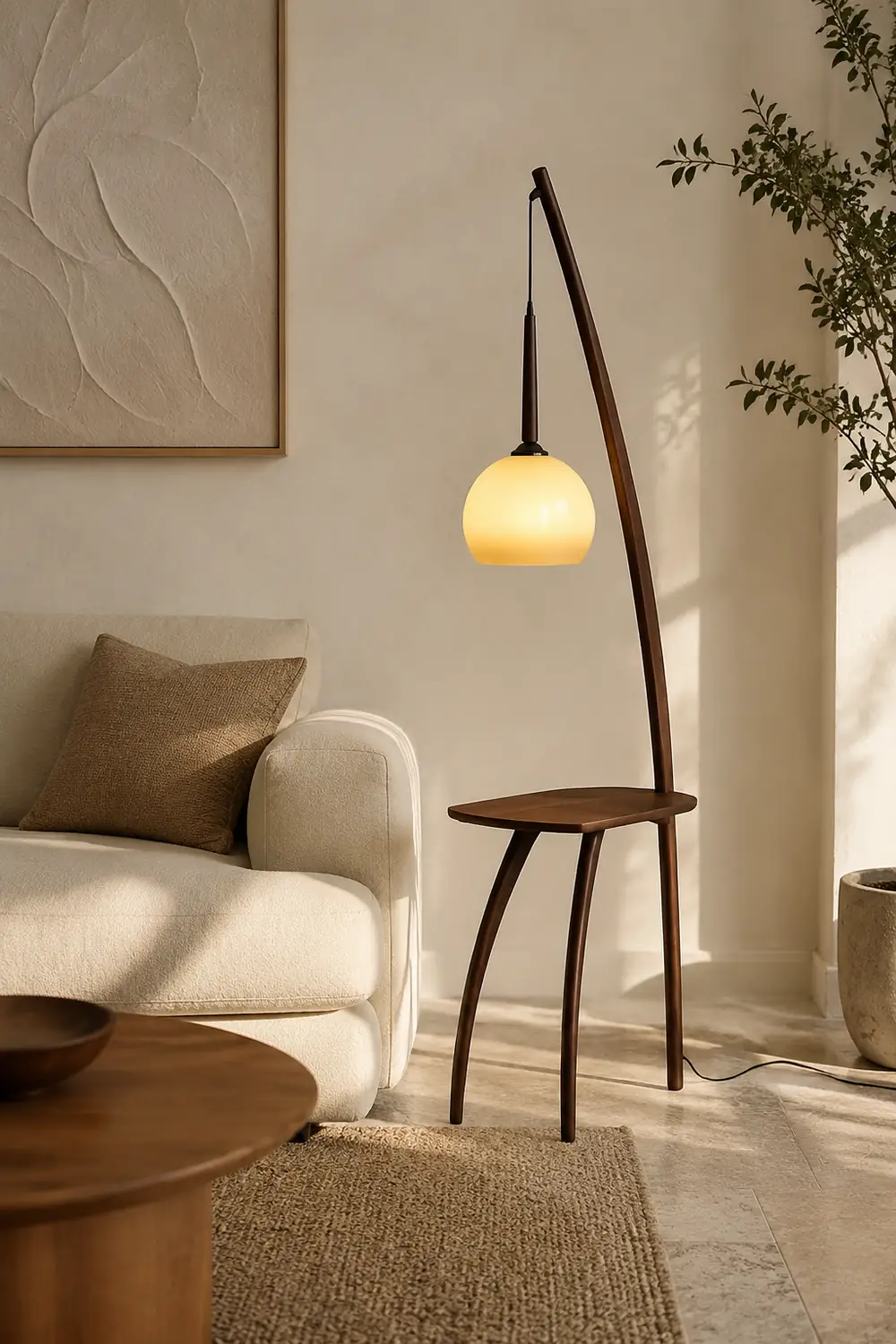 Ozawa Modern Dome Tripod Wood Glass Floor Lamp /w Table, Brown - Lumpaz