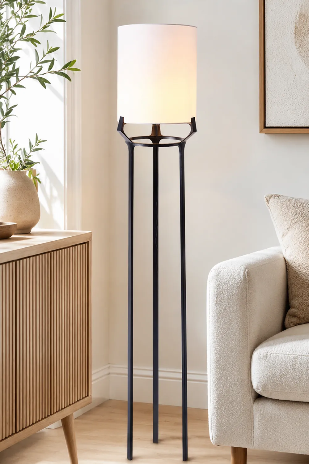 Eryn Contemporary Tripod Metal Fabric Floor Lamp, White - Lumpaz