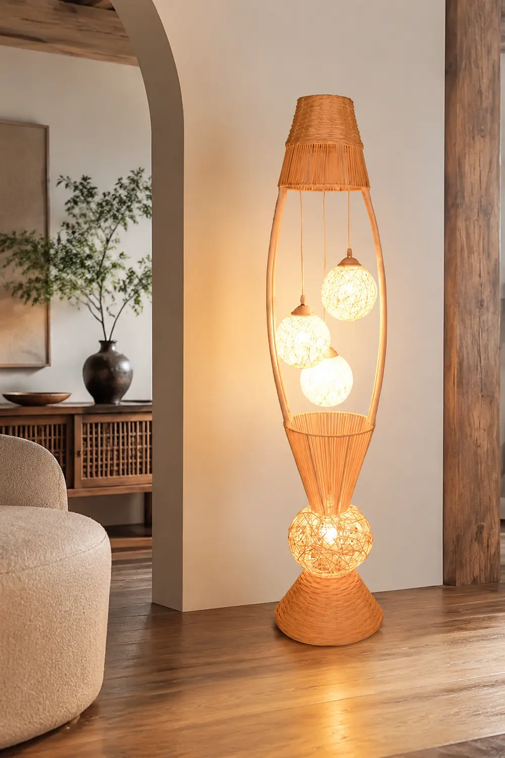 Muto Retro Fish Basket Multi Head Bamboo Floor Lamp - Lumpaz